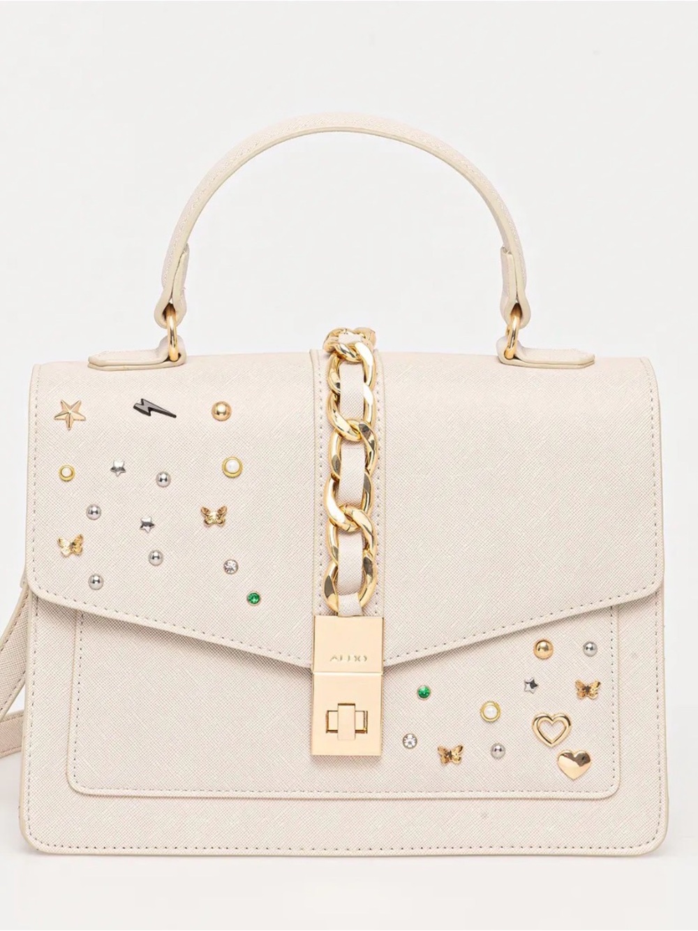 Aldo Cream Top-Handle Satchel with Gold Stud Embellishments